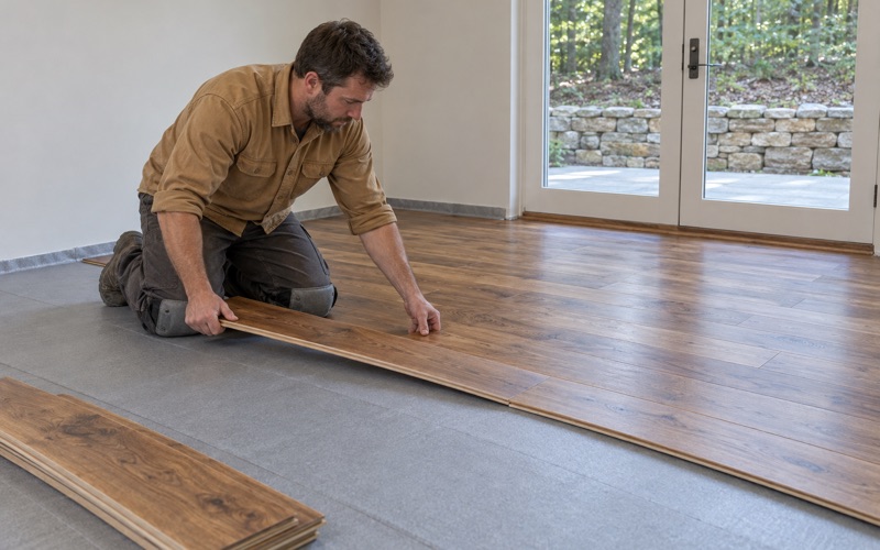 Worker angling an engineered hardwood plank into place over underlayment in the terrace-level room of a Marietta house.
