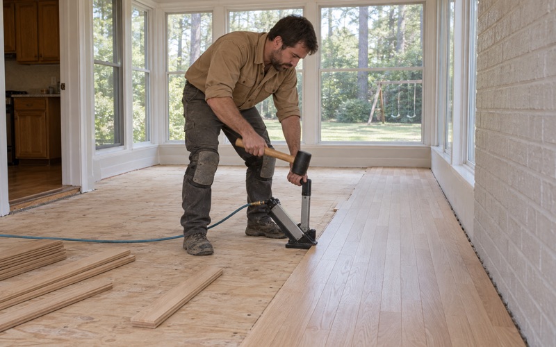 Worker striking a flooring nailer seated on the tongue of a solid oak board in a sunroom of a Marietta house.