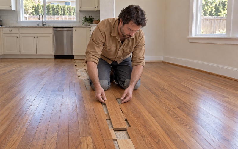 Worker weaving new oak boards across the strip where a wall was removed between a kitchen and dining room in a Marietta house.