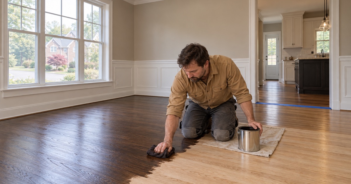Worker wiping dark stain across sanded oak boards with a folded cloth in the dining room of a Marietta house.