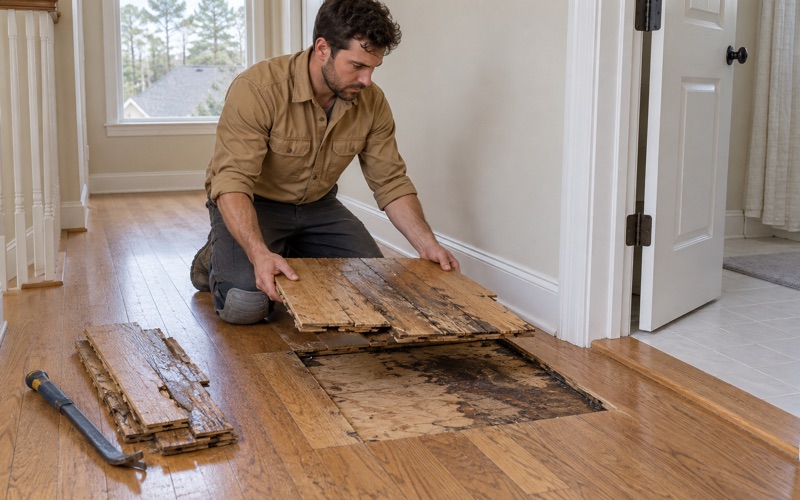 Worker lifting out a swollen, stained section of oak flooring in a hallway outside a bathroom in a Marietta house after a leak.