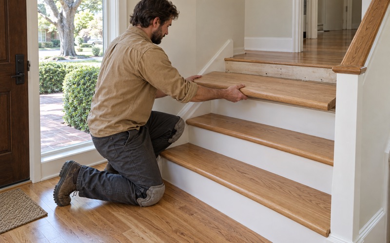Worker setting a new red oak tread with a rounded nose on the half flight of stairs in a Marietta split-level house.