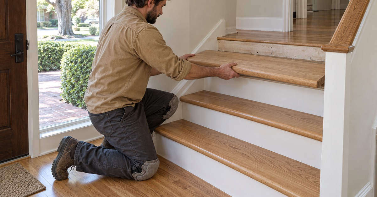 Worker setting a new red oak tread with a rounded nose on the half flight of stairs in a Marietta split-level house.