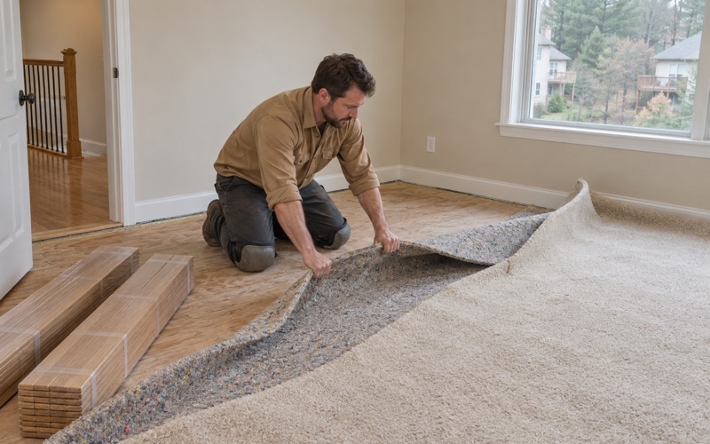 Worker peeling old carpet and pad back from a bedroom floor in a Marietta house where new hardwood will go down.