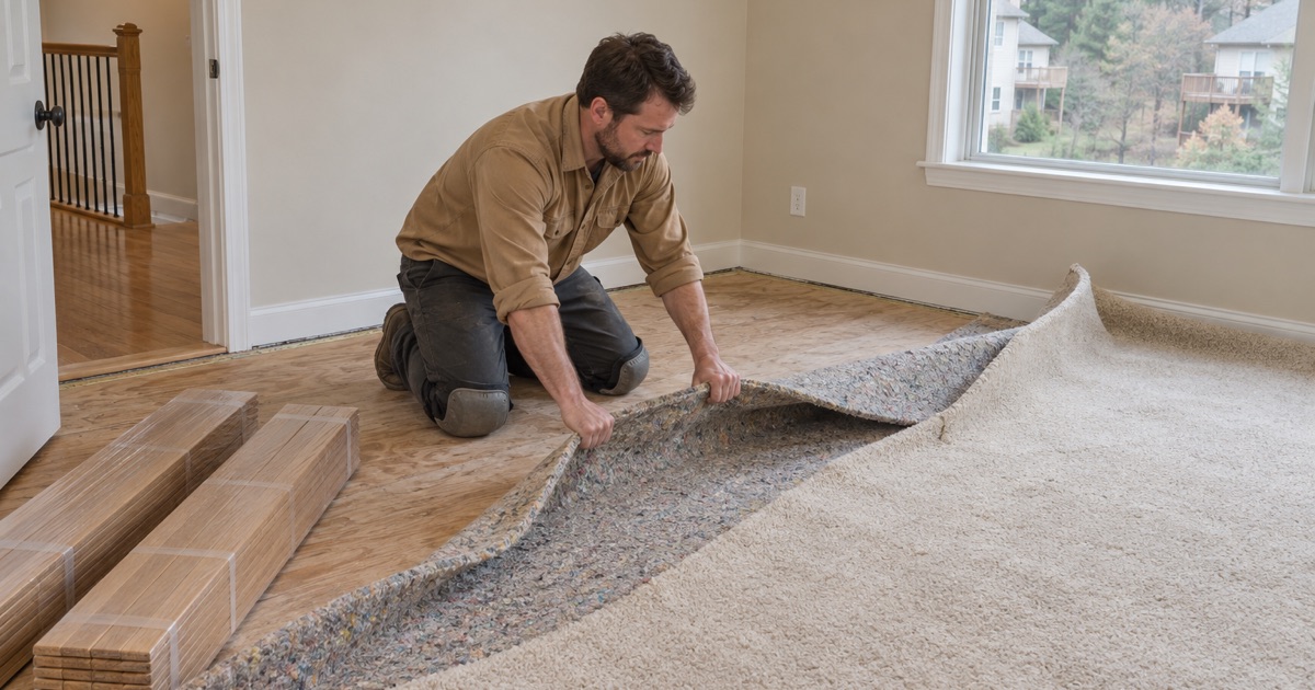 Worker peeling old carpet and pad back from a bedroom floor in a Marietta house where new hardwood will go down.