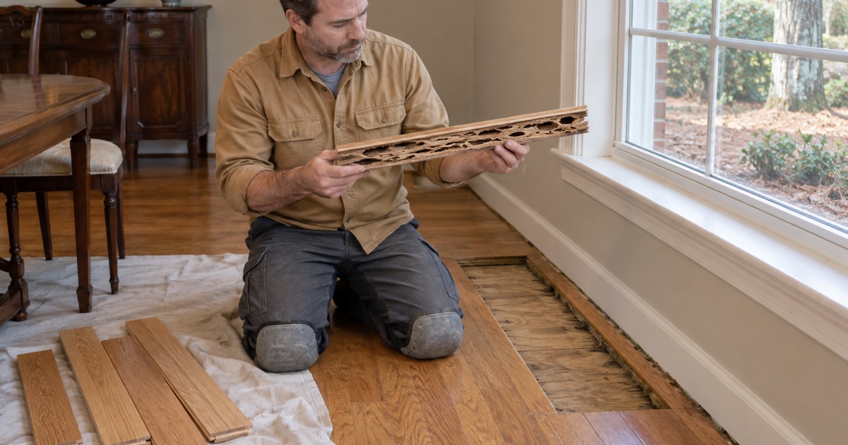 Worker holding a termite-damaged oak board with hollowed channels, cut out of a floor in a Marietta house after treatment.
