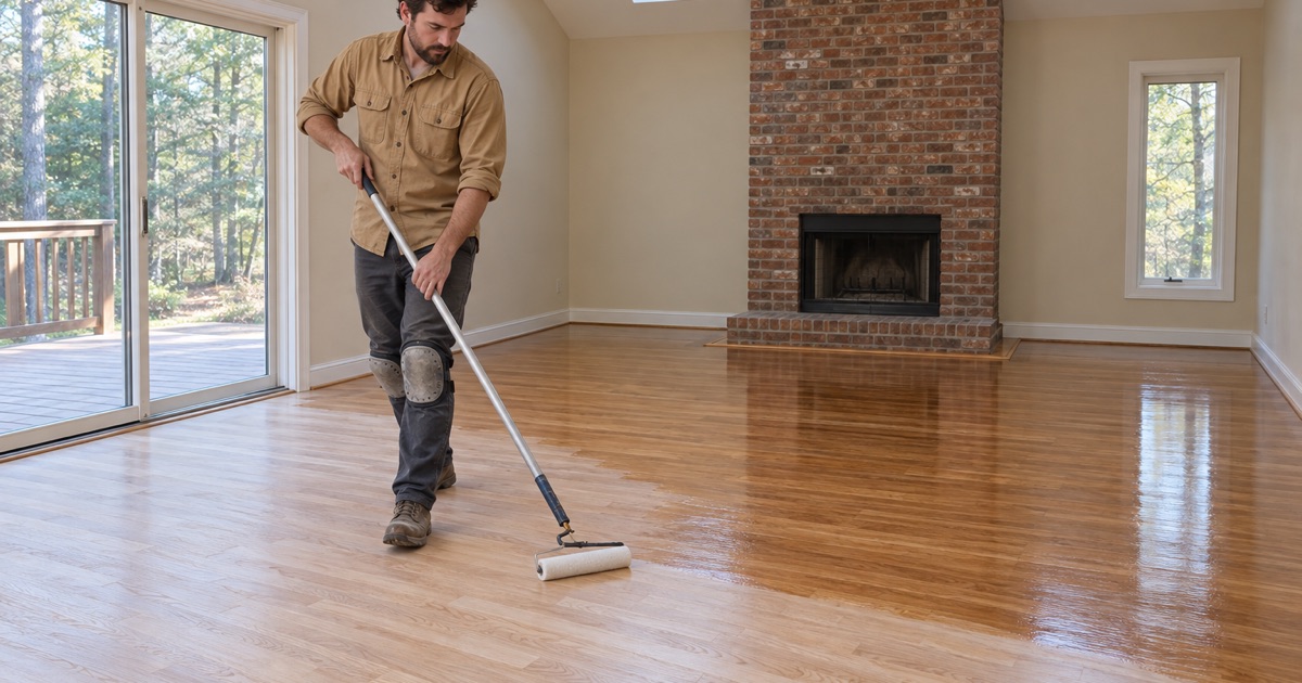 Worker walking backwards while rolling clear finish over sanded oak floors in the vaulted family room of a Marietta house.