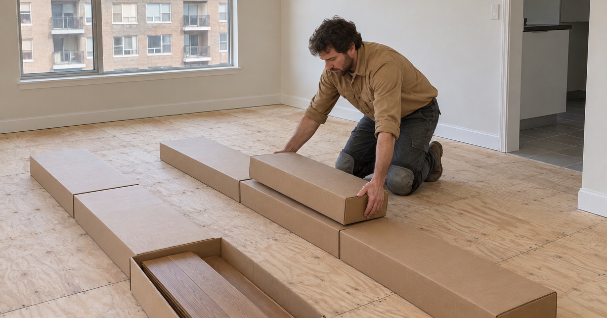Worker setting out cartons of engineered hardwood to acclimate in an Atlantic Station condominium.