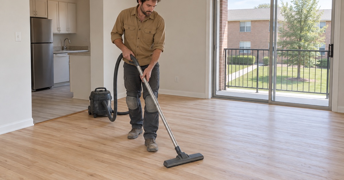 Worker vacuuming sanding dust from refinished oak in an empty apartment unit in Brookhaven.
