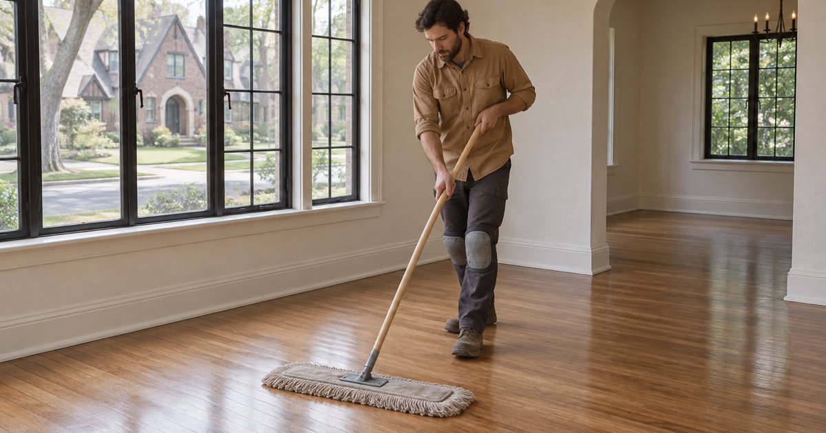 Worker dust-mopping a freshly finished wood floor beneath a round-arched opening in a 1920s Buckhead house.