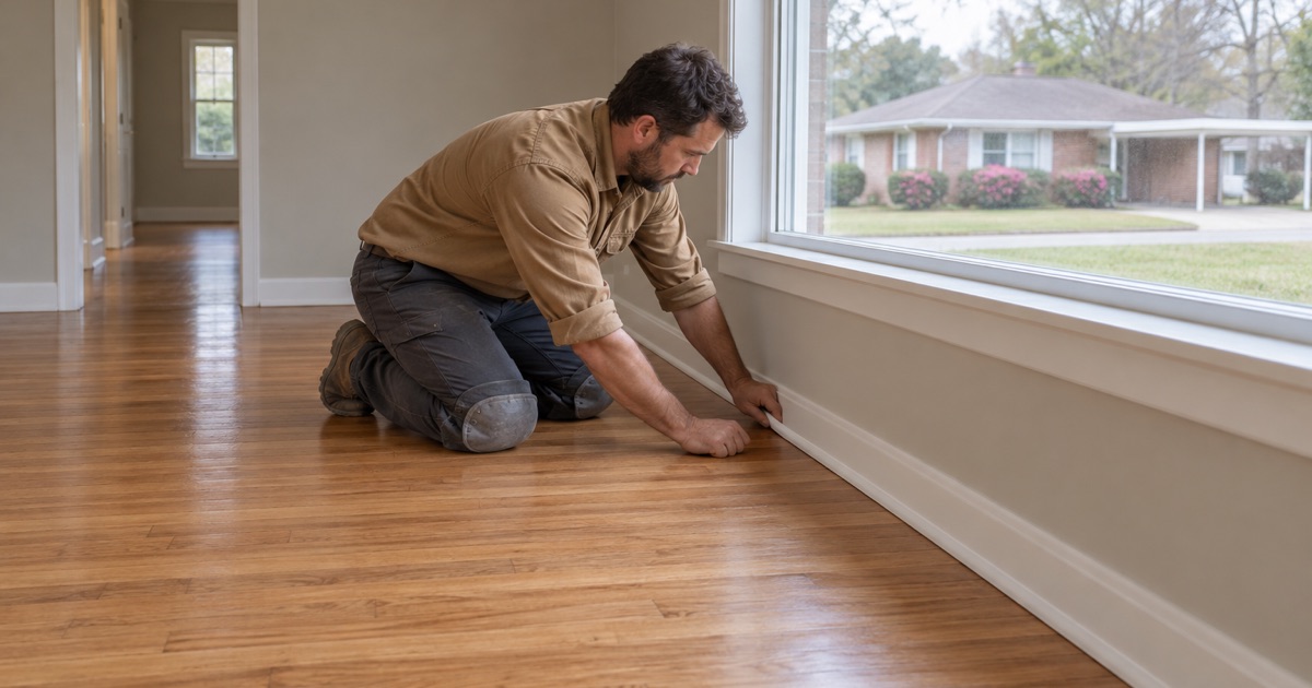 Shoe molding going back on beside refinished oak in a Chamblee house readied after vacancy.