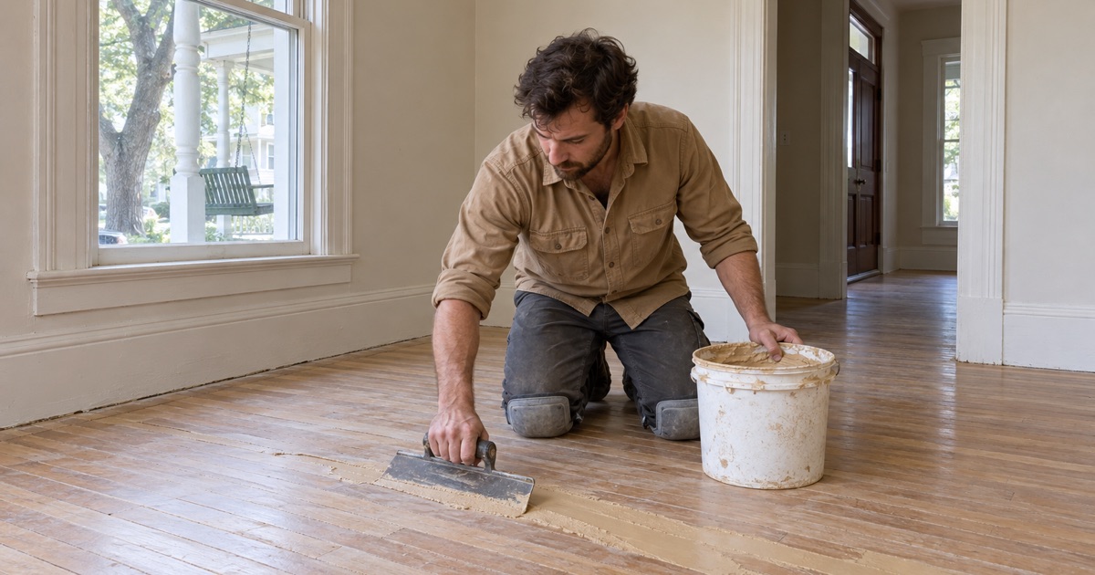 Worker trowel-filling gaps across an old wood strip floor in a historic College Park house.