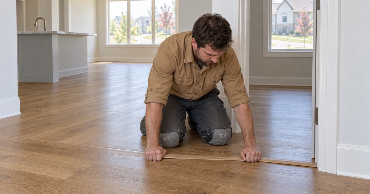 Worker fitting a flush transition on an upgraded oak floor in a Cumming home.