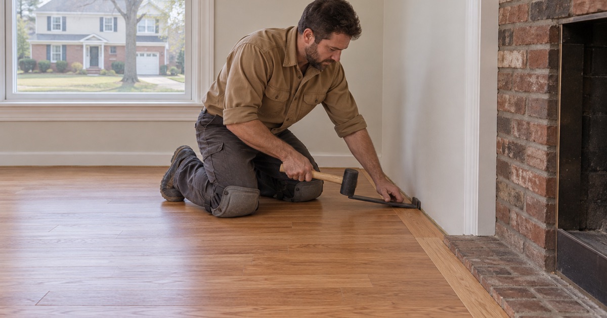 Worker drawing the last row of new oak flooring tight with a pull bar in a 1970s Dunwoody house.