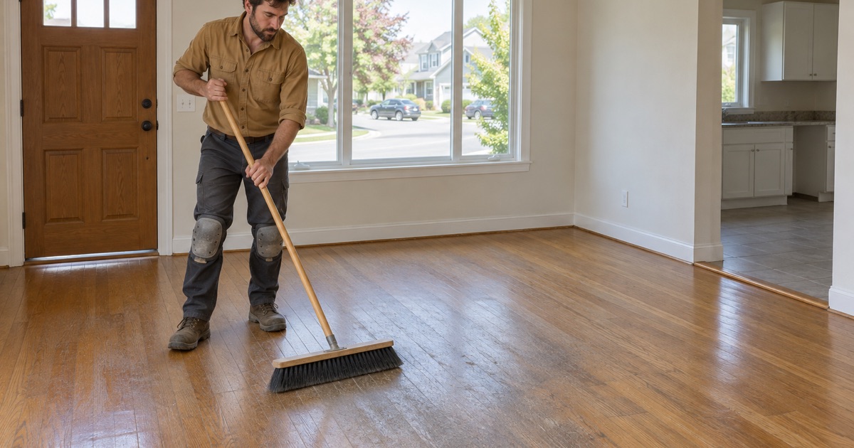 Worker sweeping grit off a worn oak floor in an empty Kennesaw rental house between leases.