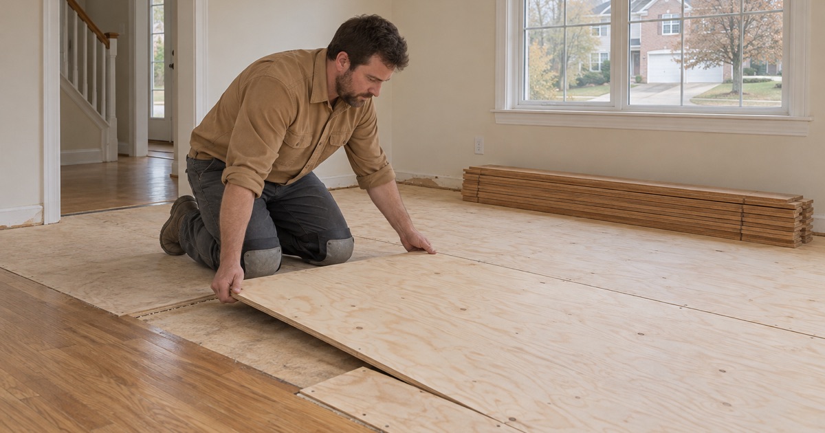 Worker setting a new subfloor panel before oak flooring goes down in a Lilburn house.