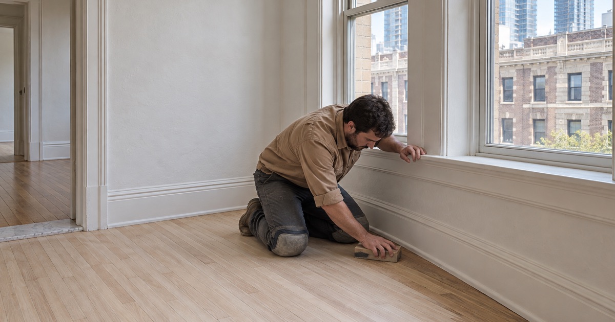 Worker hand-sanding the corner of an old narrow wood floor with a sanding block in a 1920s Midtown Atlanta condominium.