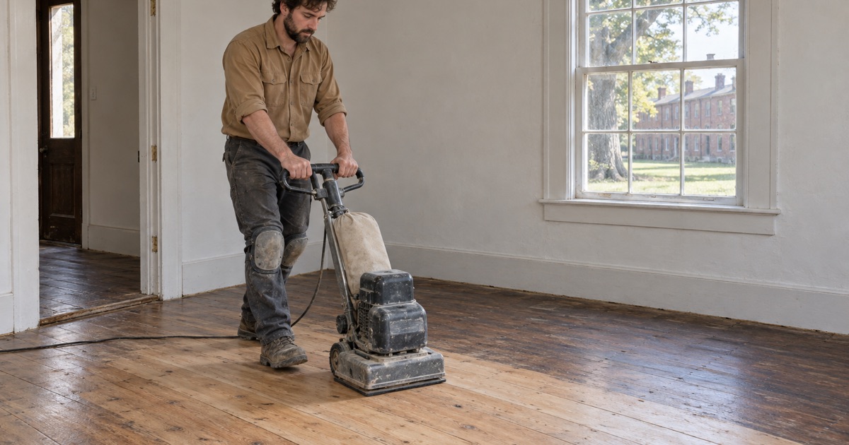 Worker guiding a square-pad floor sander over wide old wood boards in a small historic house in Roswell.