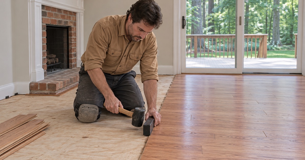 Worker tapping a new oak board tight in the family room of a Sandy Springs house on a wooded lot.