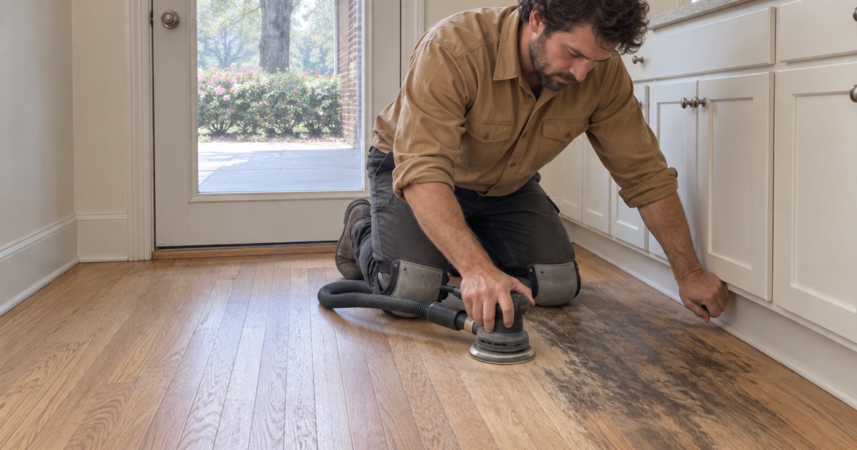Worker sanding a dark water stain out of oak flooring by a back door in a Smyrna ranch house.