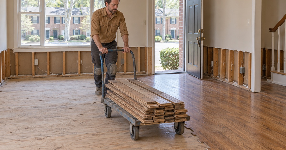 Worker wheeling out a dolly stacked with removed oak boards from a dried-out Vinings townhouse after river flooding.