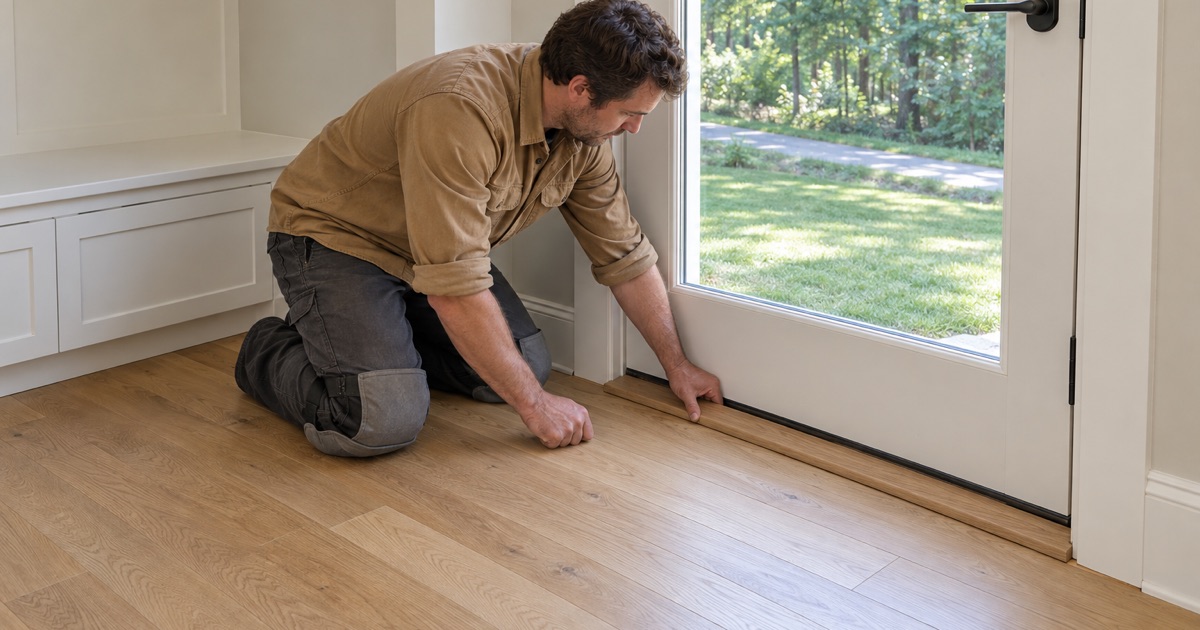 Worker fitting a new oak threshold at the back door of a Woodstock house whose entry floor takes trail traffic.